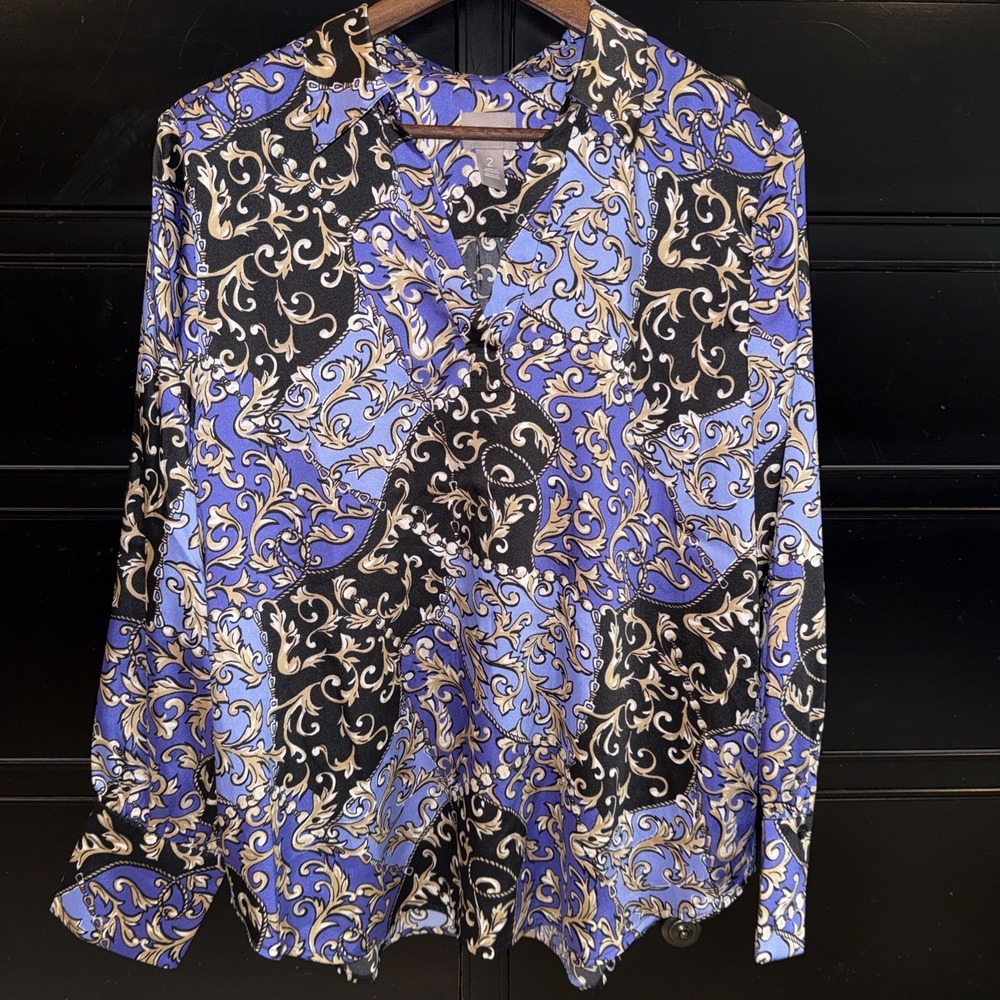 Chico's Purple Black Purple Baroque Print Satin V Neck Popover Blouse Size Large